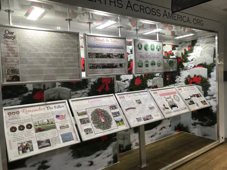 This photo shows an exhibit inside the Wreaths Across America Mobile Education Exhibit.